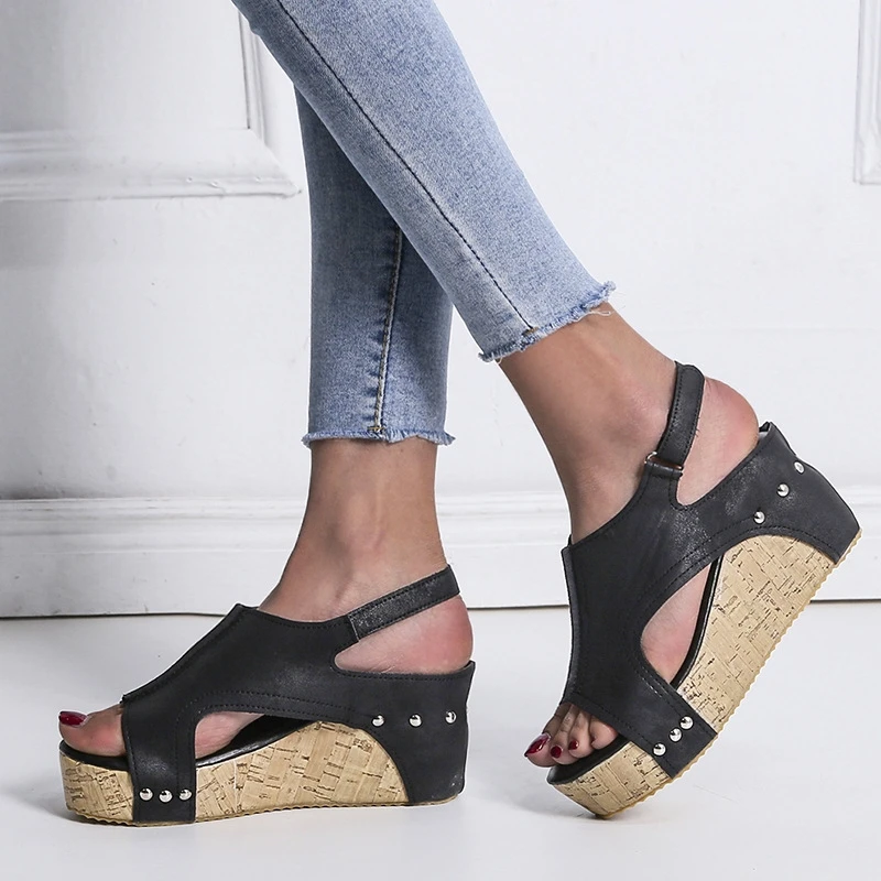 

ADBOOV PU Leather Wedge Sandals Women Plus Size 42 43 Platform Sandals Summer Slipper Shoes