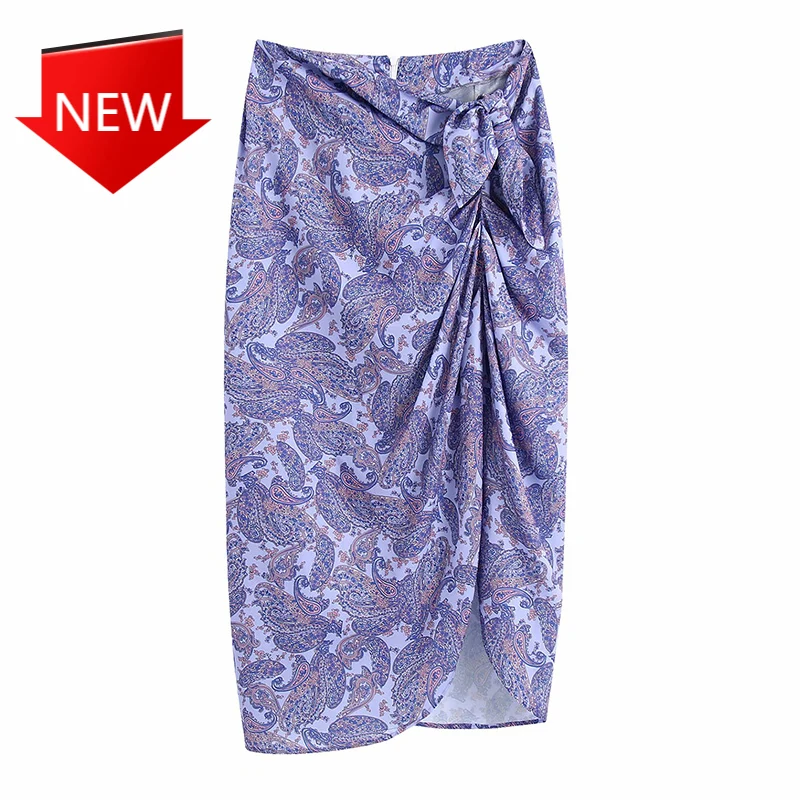

Knotted Wrap Sarong Midi Skirt Vintage High Waist Back Zipper Slit Female Skirts Faldas Mujer Women 2022 Za Summer Fashion