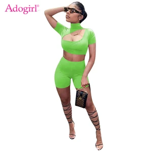 Adogirl 2020 летний Однотонный женский комплект из 2 предметов, спортивный костюм с воротником-стойкой, футболка с короткими рукавами и вырезами, короткий топ и шорты, костюм для фитнеса