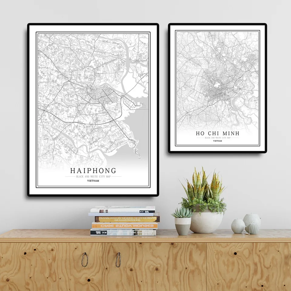 Вьетнамская черно-белая карта города плакат Скандинавская гостиная Ha Noi