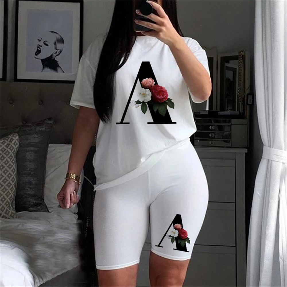 

Women Two Piec Set Letter T Shirts Shorts Set Summer Short Sleeve O-neck Casual Joggers Biker Shorts Sexy Outfit For Woman 2021