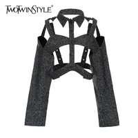 twotwinstyle hollow out shirt for women lapel long sleeve casual solid short blouse female 2021 fashion new clothing spring