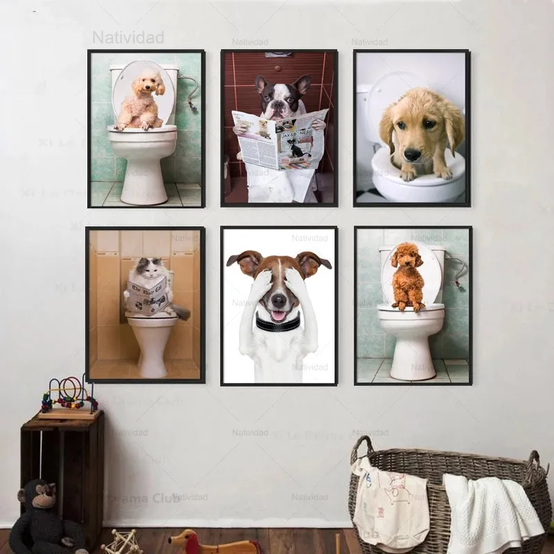 

Canvas Painting Cute Dog Cat Creative Animal Poster Personality Wall Art Painting Interior Bathroom Unframed Decoration