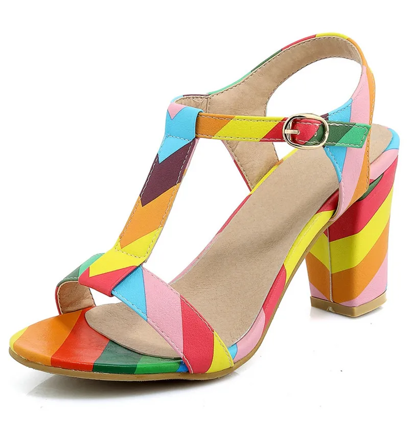 Женские сандалии на высоком каблуке AGODOR радужные с Т-образным ремешком и пряжкой