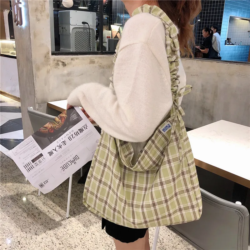 2019 plaid dress Korea Ladies Handbags Canvas Tote Bag Travel Women Eco Reusable Shoulder Bags bolsas green Large Capacity |