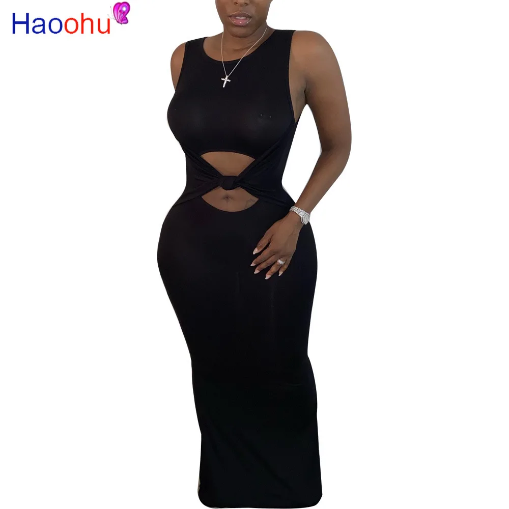 

Waist Band Cut Out Summer Women Dress 2020 Fashion Round Neck Sleeveless Bandage Long Dress Casual Exposed Navel Party Vestidos