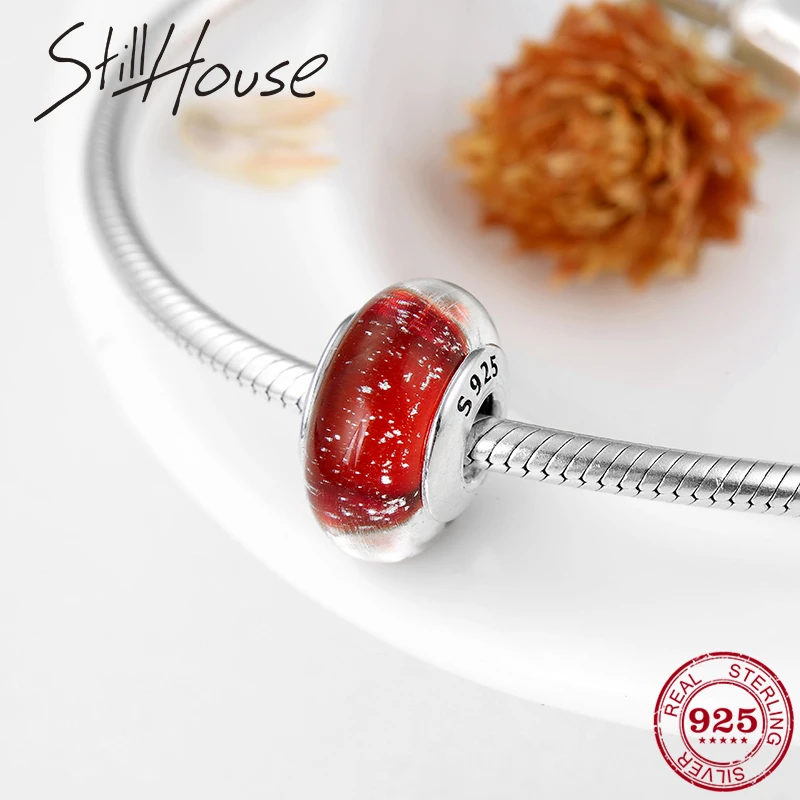Настоящее серебро 925 пробы сверкающие красные муранские стеклянные бусы амулеты