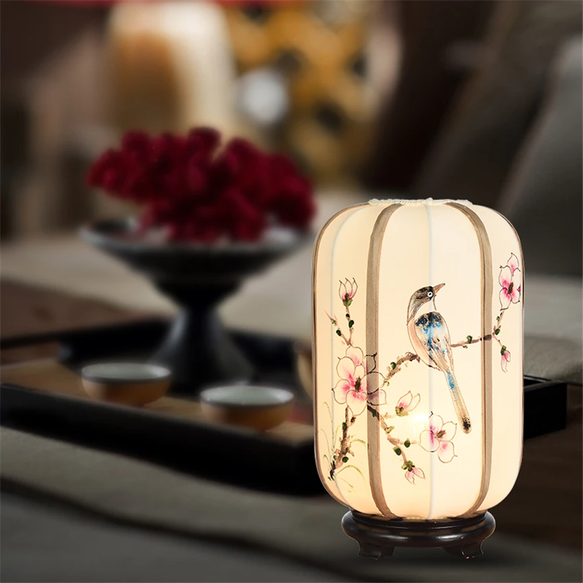Новые китайские тканевые настольные лампы с ручной росписью фонарики для