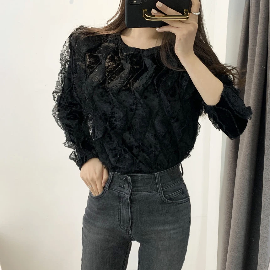 RealShe кружевная женская блузка с круглым вырезом и длинным рукавом однотонная