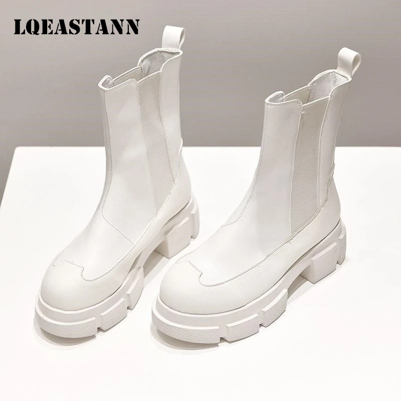 

2020 Autumn New Women's Boots Soft Patent Leather Thick-Soled Round Toe Boots Black And White Ankle Martin Boots Botas De Mujer