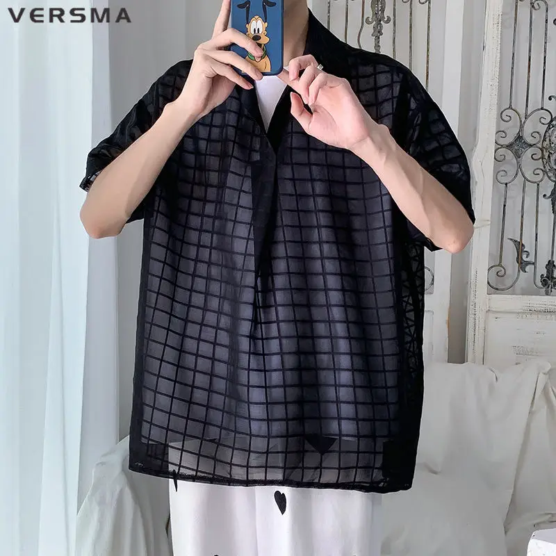 

VERSMA Japanese Trendy See Through Vintage Plaid Transparent Shirt Men Women Summer Tropical Short Sleeve Shirt Men Dropshipping