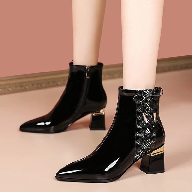 

Rimocy Mix Color Patent Leather Boots Women Pointed Toe Square Heels Ankle Boots Woman Mesh Lace Up Autumn Winter Shoes Ladies