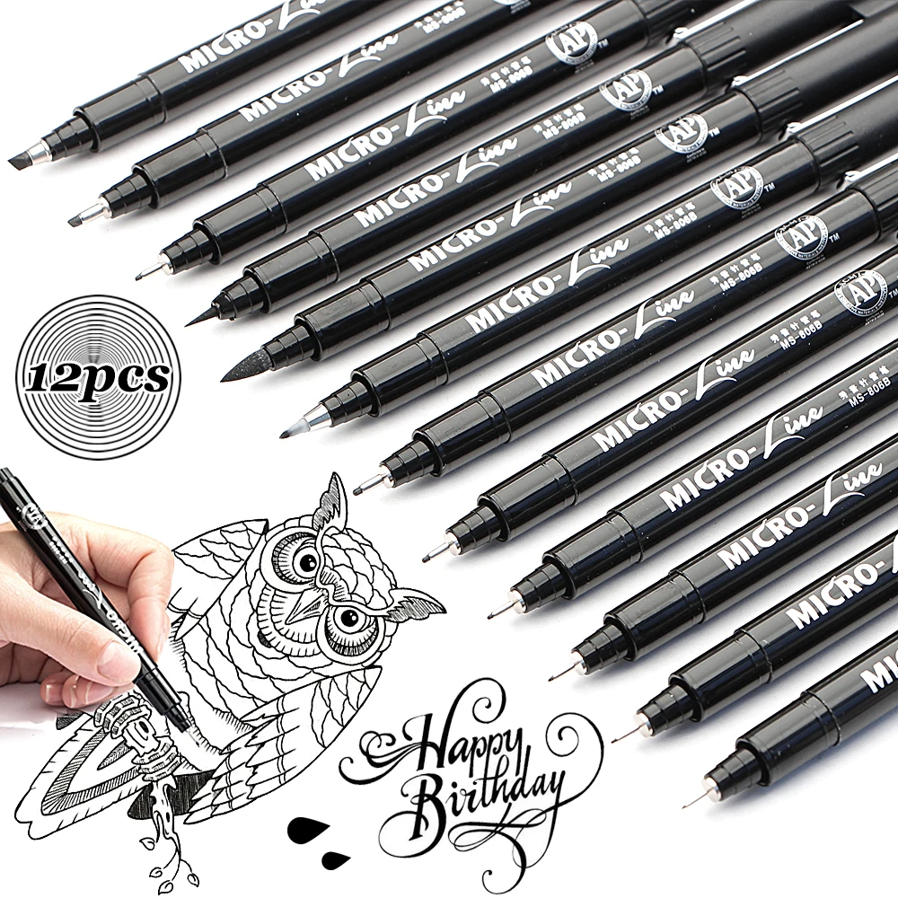 

12 Size Micron Neelde Drawing Line Pen Hand Lettering Pens Waterproof Pigment Sketch Markers Pen For Design Art Supplies