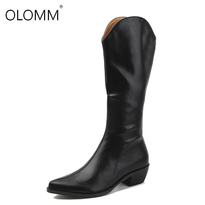 

New Women Mid-calf Boots Winter Women's PU Leather Long Boot Woman Low Heels Ladies Non Slip Female Comfort Shoes Cowboy Boots
