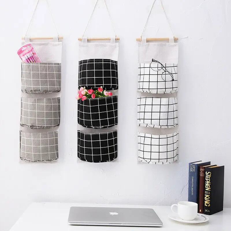 

Cotton Linen Hanging Organizer 3 Pockets Multilayer Fashion Wall Door Hanging Storage Bag Cloth Toy Key Storage Bags Home Decor
