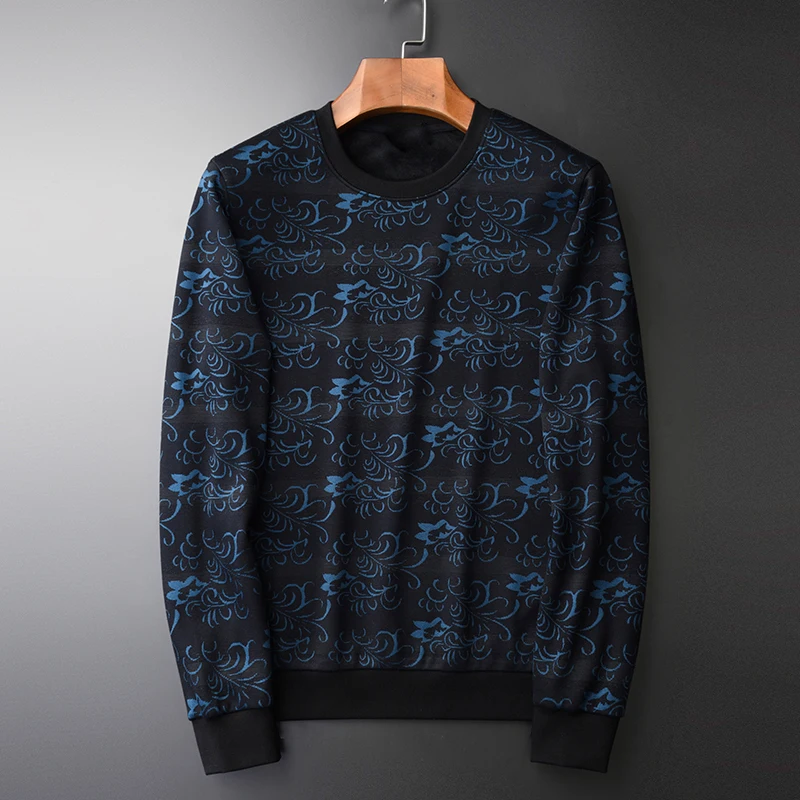 Inner Add Velvet Men Luxury All Printed Round Collar Winter Sweatshirt Male Plus Size 4xl Slim Mens Hoodies
