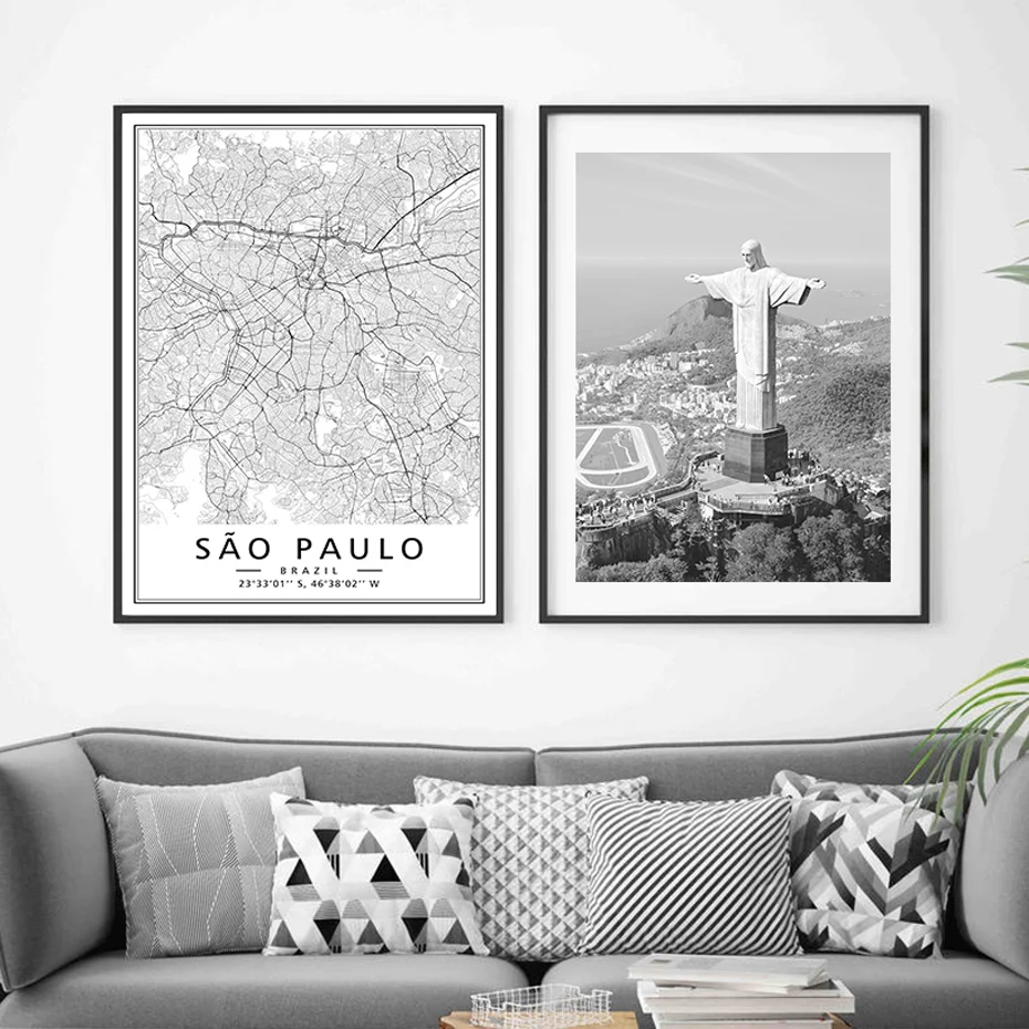 

Black White Brazil Sao Paulo Map City Scene Christ Statue Poster Wall Art Canvas Paintings Print Pictures Living Room Home Decor