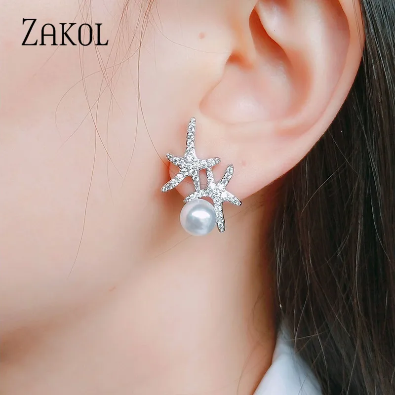 ZAKOL Новое поступление модные циркониевые серьги гвоздики с жемчугом в виде