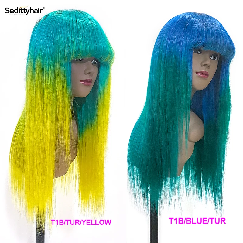 Sedittyhair Straight ombre color Human Hair Wigs With Bangs  Fringe Wig blue Human Hair Wigs Cheap Brazilian Remy colorful Wig
