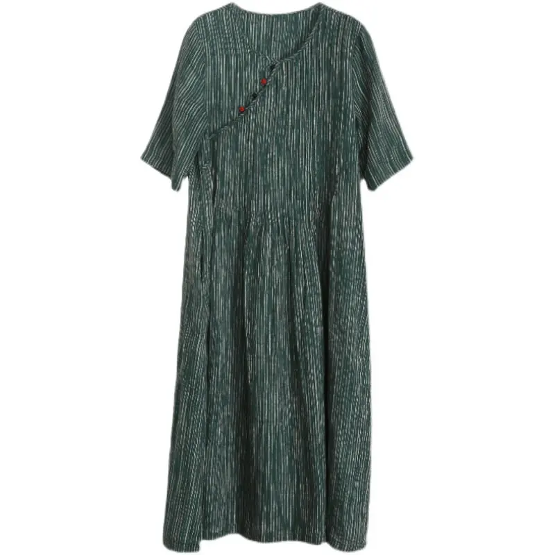 

XITAO Stripe Buttons Patchwork Dress Elegant Temperament Half Sleeve 2021 Summer New Product Thin Casual Loose Dress LDD2147