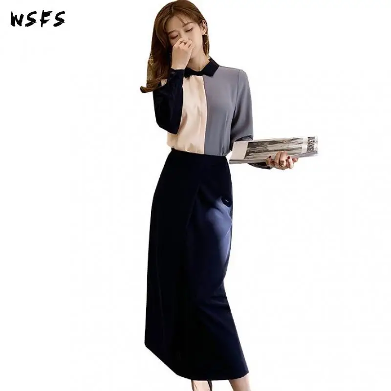 

2 Pieces Set Womens Dress Patchwork Blue Shirt Tops Blouses Elegant Bandage Bodycon Midi Skirt Elegant Sexy Party Korean Clothes