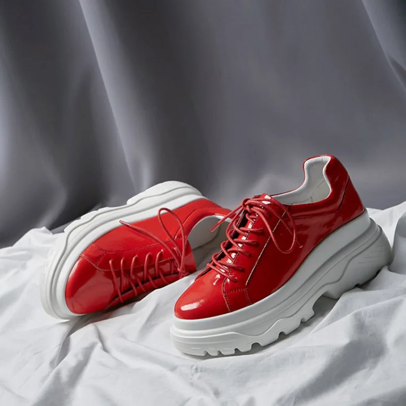 

Stylish Women Casual Shoes Patent Leather Chunky Dad Shoes Platform Sneakers Harajuku Flat Thick Sole Tenis Red Walking Outdoor