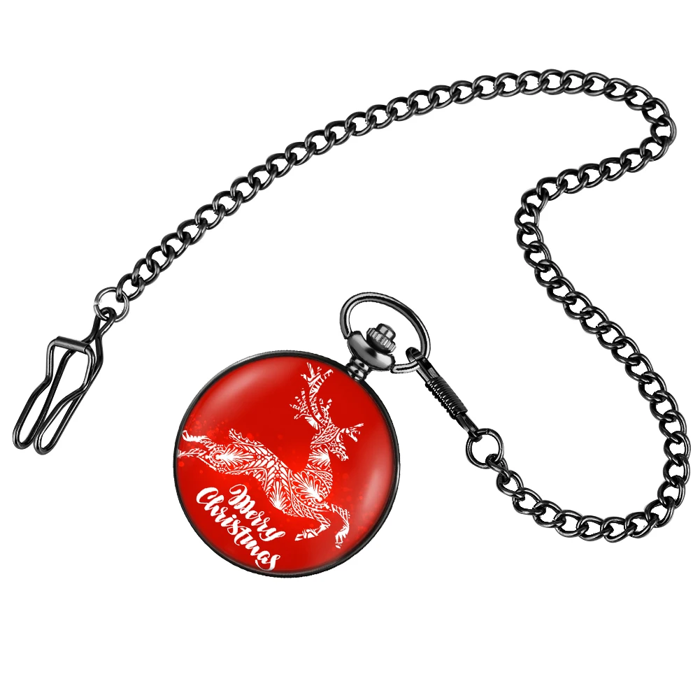 Cute Elk Pocket Watch Women's Lucky Red Quartz Watches Arabic Numerals Dial Man's Exquisite Pendant Gift Set for Boyfriend