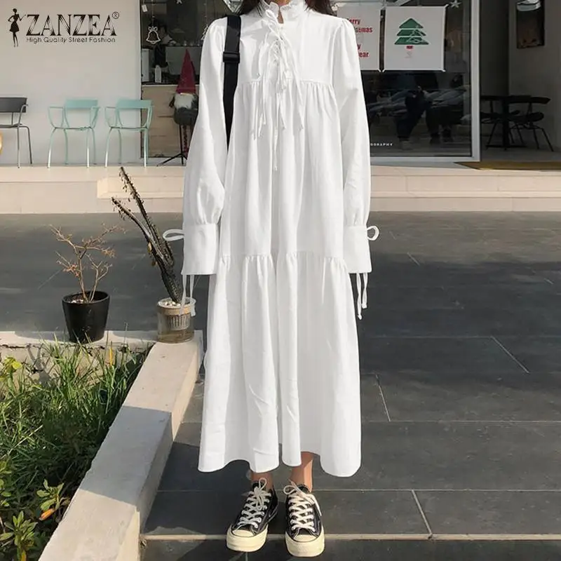 

Oversized Korean Style White Dress ZANZEA Women Long Puff Sleeve Ruffles Sundress Spring Turtleneck Lace Up Solid Shirt Vestidos