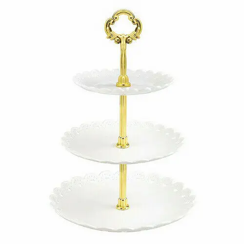 white gold Новейшая 3 ярусная пластиковая подставка для десерта, послеобеденного чая, свадебные тарелки, вечерние столовые приборы, трехслойная подставка для торта - Цвет: white gold