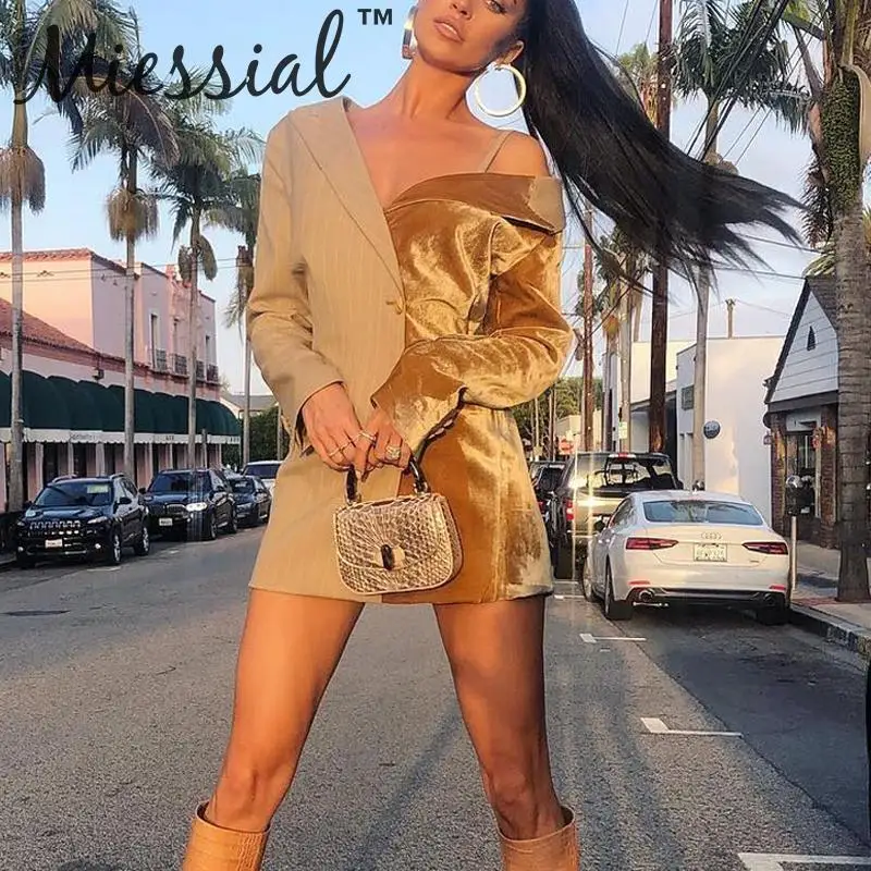 Miessial элегантное бархатное лоскутное платье Блейзер женское осеннее с