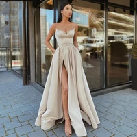 20221 simple sexy satin evening dresses long spaghetti strap a line sweetheart high split prom party downs vestidos formales