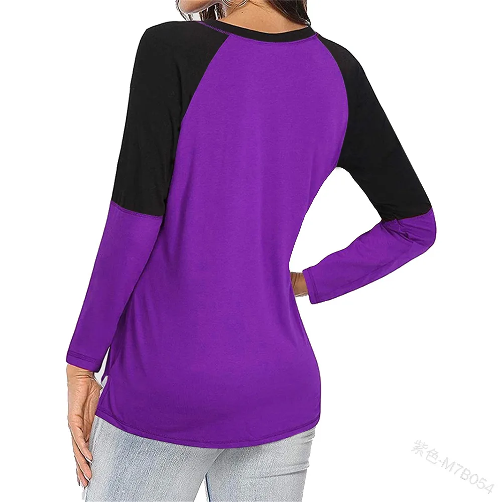 

WEPBEL Solid Color T-shirt Women's Casual Stitching Slim Fit Pullover T-shirt Spring Autumn V-neck Long Sleeve T-shirt Top