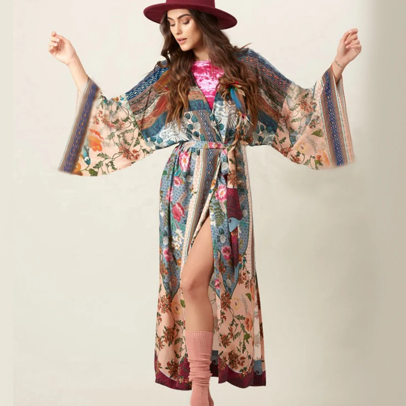 Супер шикарное Макси кимоно с цветочным принтом и v образным вырезом длинное