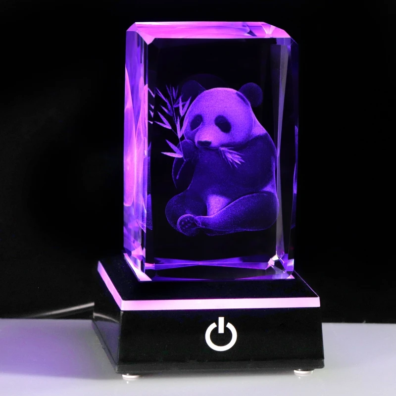 3D Laser Etched Panda Figurine Miniatures Cube K9 Crystal Decoration with LED Lamp Base Birthday Gifts