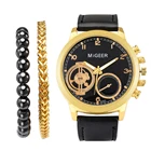 Модные золотые мужские часы в комплекте, деловые модные кварцевые часы, мужские наручные часы с кожаным ремешком, спортивные светящиеся часы, браслет, простые часы