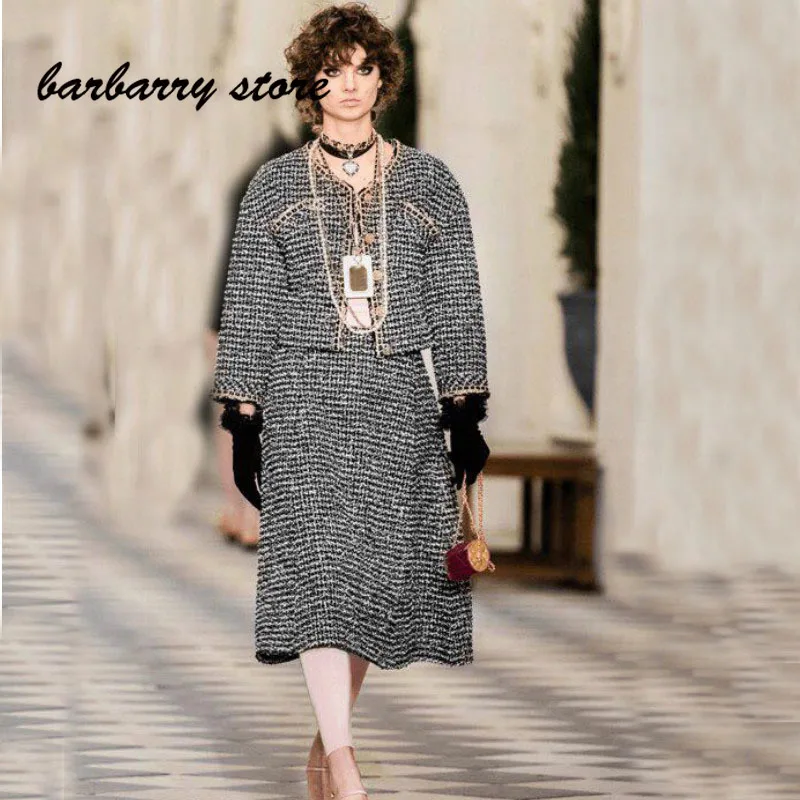 

2021 luxury design celebrity style fashion women's tweed long sleeve round neck suit top temperament versatile slim elegant coat