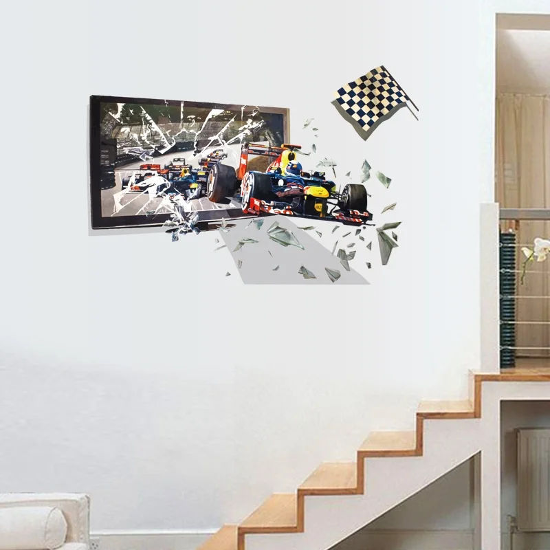 Sk9219 F1 Racing Car Broken Frame Out 3d Effect Wall Sticker Bedroom Living Room Simulation Background Decoration | Дом и сад