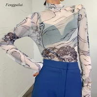 turtleneck mesh blouse women renaissance print long sleeve see through top ladies sheer designer top clothing