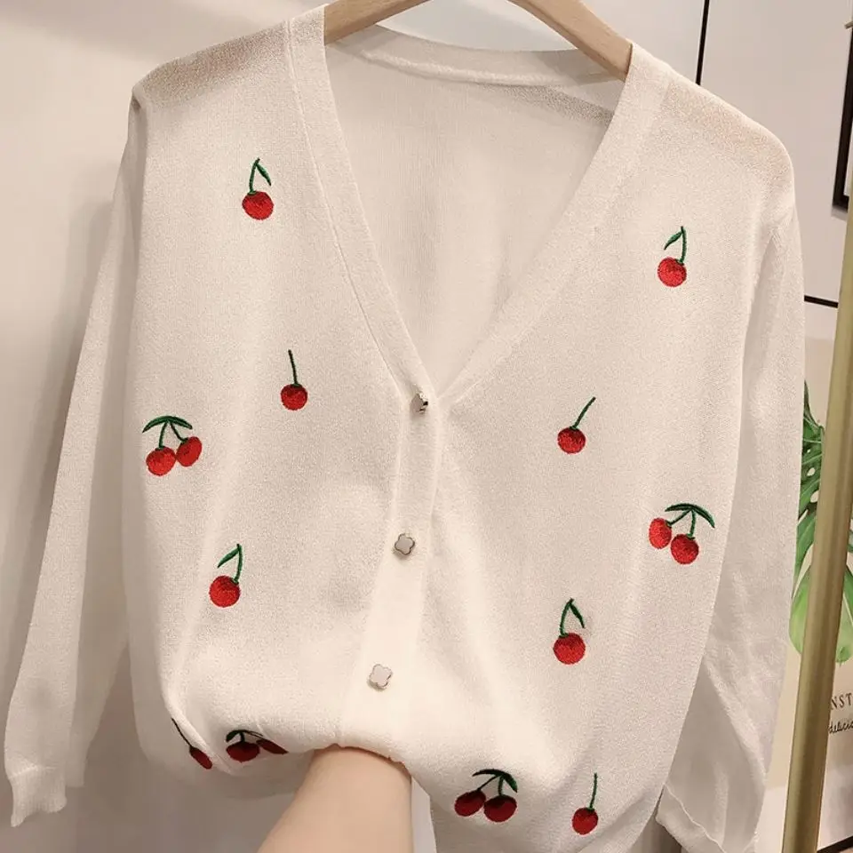 

Women's Cardigan Sweater 2021 Summer Thin Korean Fashion Sweet V-Neck Long Sleeve Solid Color Loose Knit Women's Clothing Jacket