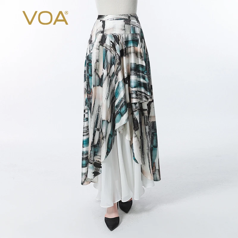 

VOA Silk Printed Elastic Satin Double Invisible Side Lacrosse Stitching Elegant Irregular Design Skirt CE105 Casual Ankle-Length