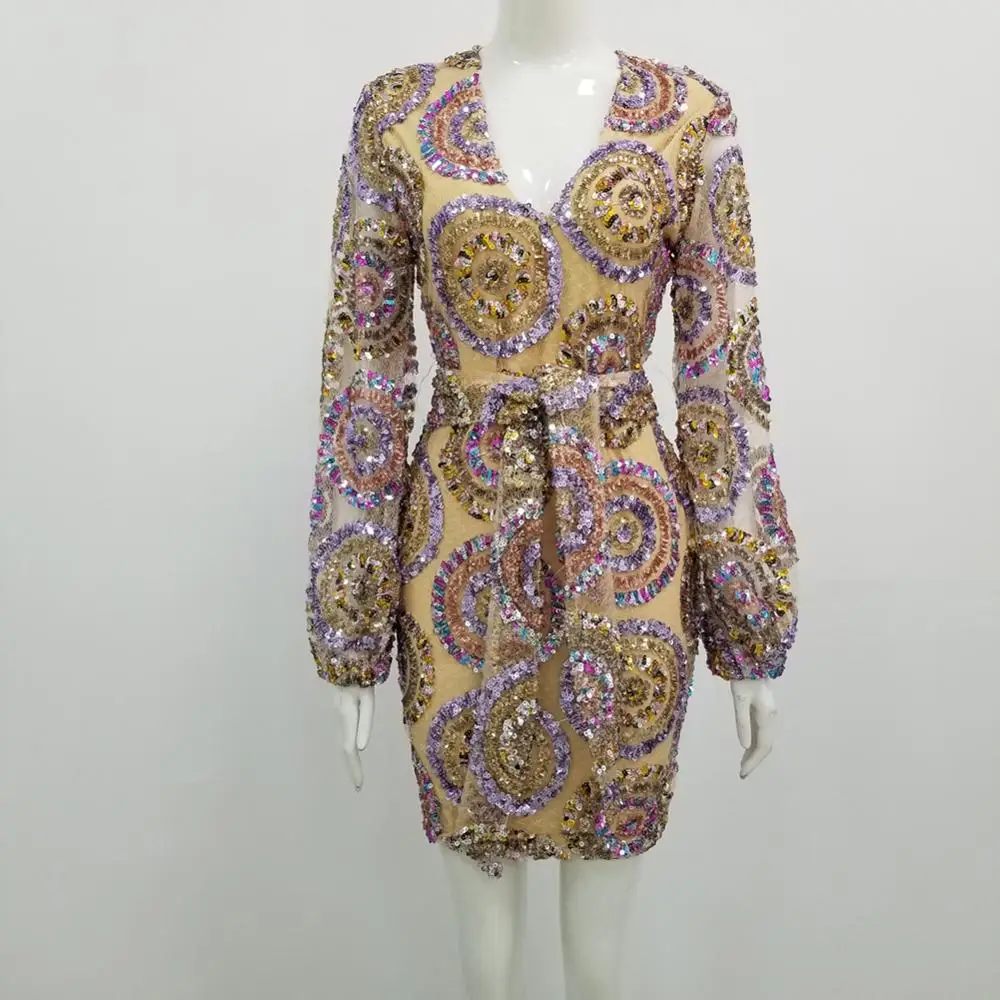 Высококачественное яркое платье с длинным рукавом и V-образным вырезом длинное