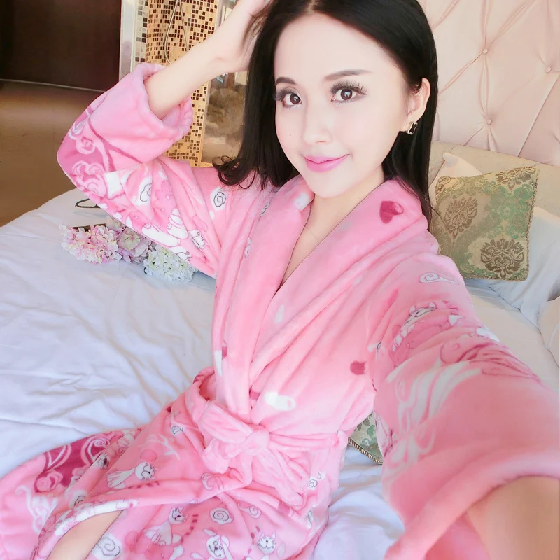 

Women Winter Coral Fleece Warm Sleepwear Robe Kimono Gown Lady Nightdress Nightwear Flannel Long Sleeve Homewear Home Cothing