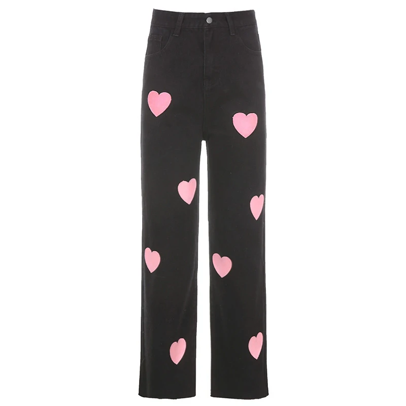 

Autumn Streetwear 90s Trouser New Fashion Pink Sweet Heart Printing Loosed High Waist Jeans for Women Cute Wide Leg Black Pant