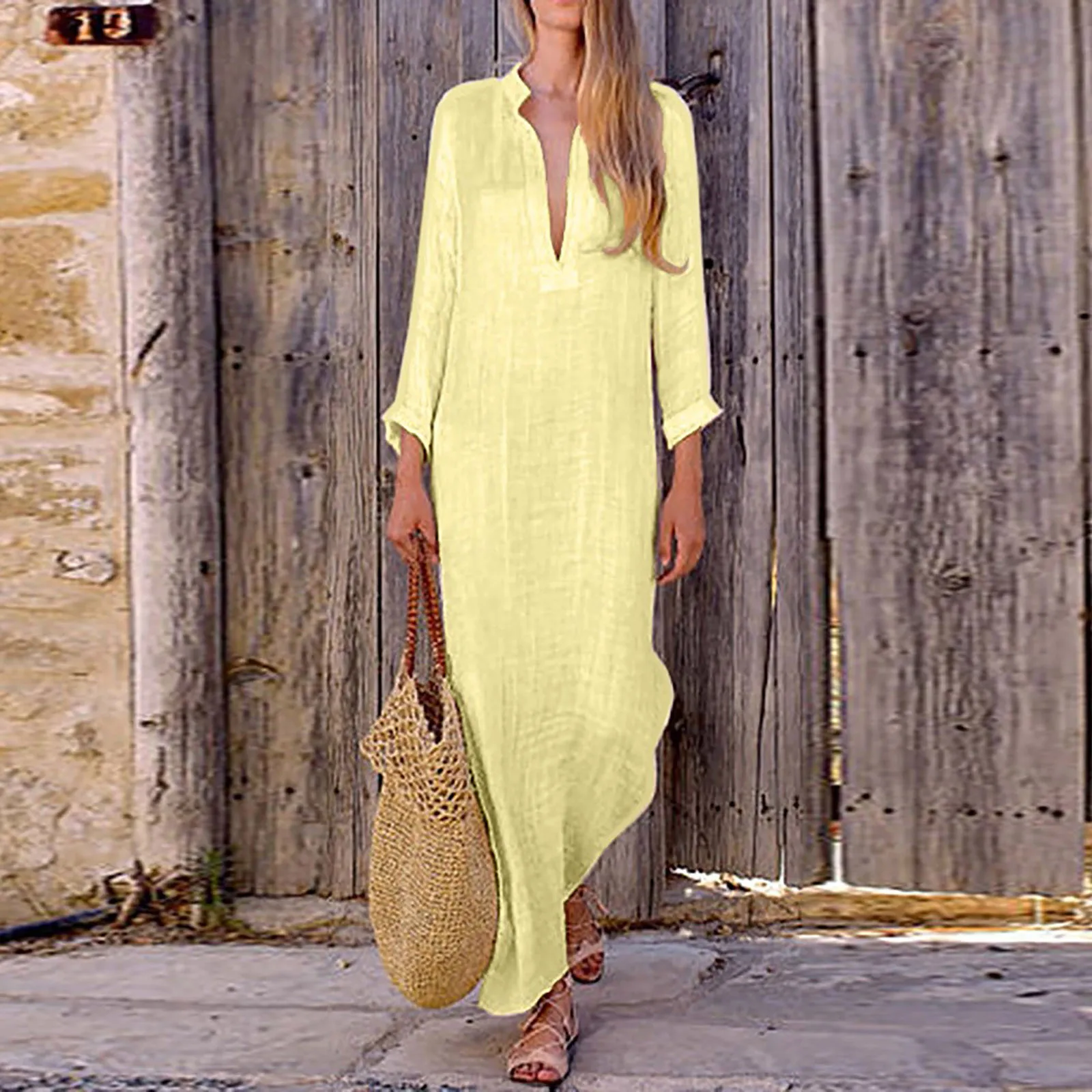 

Fashion Summer Maxi Dress Women's Solid Color Sundress Casual Long Sleeve Vestidos Female Shirt Dress Robe Femme Plus Size