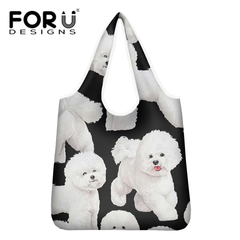 

FORUDESIHNS Cute Dog Bichon Eco-Friendly Lady Tote Bags Animal Print Foldable Storage Grocery Bags Slight Quality Duty Handbags