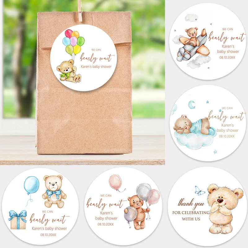 Personalized Bear Themed Sticker Labels Baby Shower Welcome New Born Custom Cute Bear Sticker Girl Boy Birthday Baptism Labels