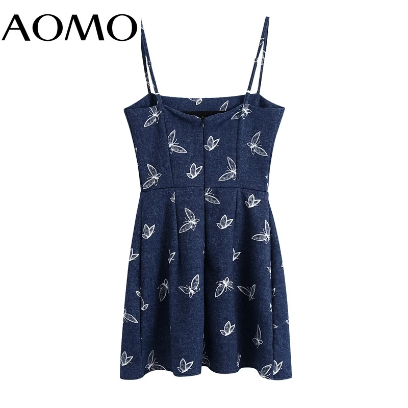

AOMO 2021 Fashion Women Print Cute Blue Denim Dress Strap Adjust Vintage Sleeveless Ladies Mini Dress BE967A