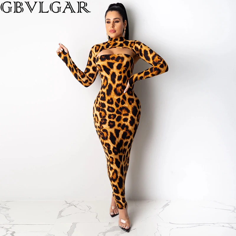 

Autumn New 2020 Streetwear Bodycon Long Dress Leopard Grain Women Two Pieces Set Full Sleeve Fish Scale Hollow Out Sexy Top