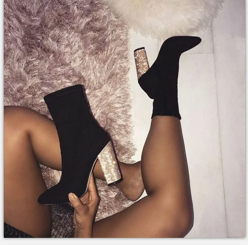 

2021 New Women Sock Boots Pointed Toe Elastic Glitter High Heel Slip On Ankle Pumps Stiletto Botas Mujer Boots Zapatos Muje