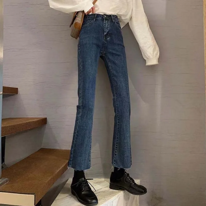 

Темно-синие облегающие джинсовые брюки-клеш с завышенной талией длиной до щиколотки, новинка для женщин на раннюю весну 2021, универсальные м...